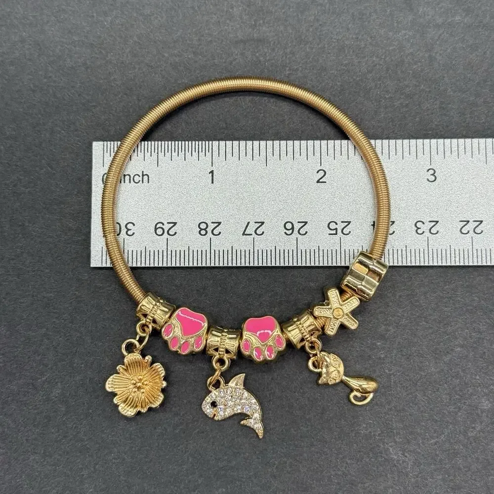 Gold Tone Watch Charm Bracelet Set 3 Pc Rhinestone Pink Dial Pear Cut Crystal